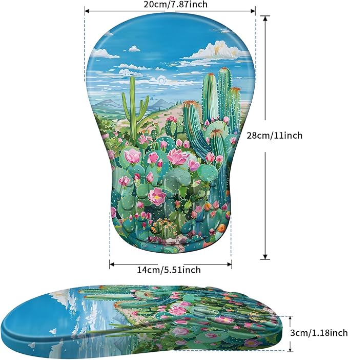 Ergonomic Mouse Pad with Wrist Rest Support, Mousepad with Comfortable Memory Foam Wrist Rest and Non-Slip PU Base for Pain Relief, Computer, Laptop, Office, Home (Cactus)