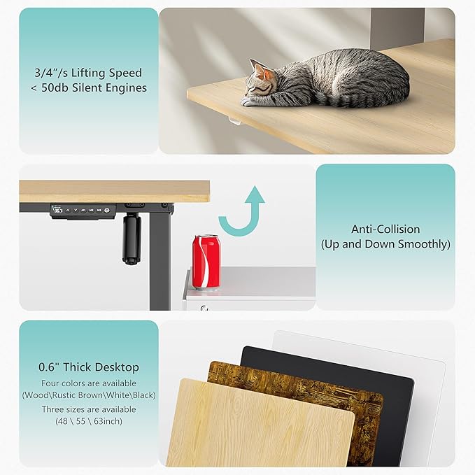 48 x 24 inch Electric Standing Desk Adjustable Height with 4 Wheels, 4 Memory Height Settings, 2 Headphone Hook, Home Office Desk, Splice Board Oak