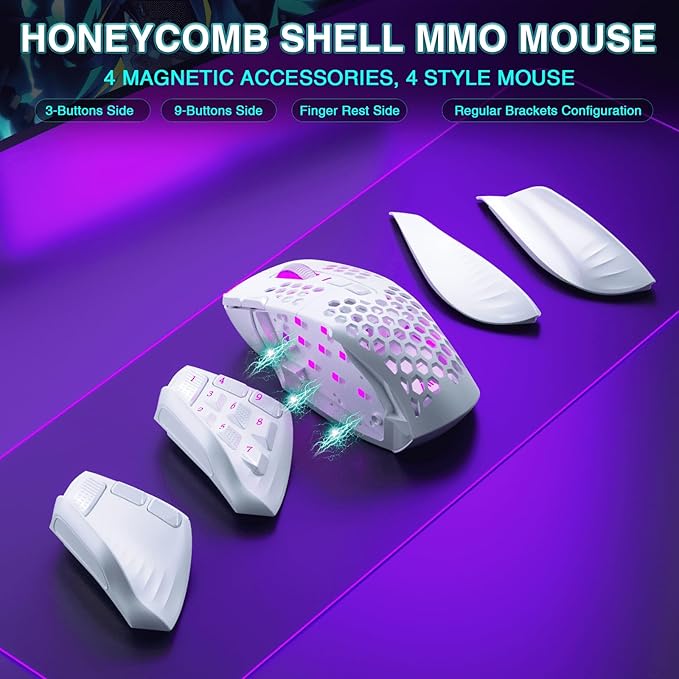 SM809 Pro Wireless MMO Gaming Mouse with 9 Side Buttons,24000 DPI,Triple Connectivity (2.4G/BT/Wired) RGB MMO Mouse for Gamer,16 Programmable Macros,Up to 350H Battery Life,White