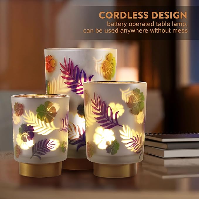 Eywamage Small Battery Operated Table Lamp, Glass Floral Lamp with Remote Timer, Cordless Accent Lamp Light for Bedroom Living Room