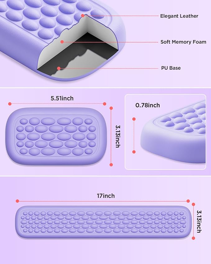 Lekvey Ergonomic Keyboard Wrist Rest, Waterproof PU Leather Wrist Pad with Memory Foam Massage Points, Durable Carpal Tunnel Support for Office/Gaming, Typing Pain Relief, Easy-Clean, Purple