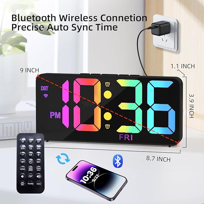 9" Digital Wall Clock with Night Light, Digital Clock with 8 RGB Colors, Dual Alarm, Snooze, Dimmer, Auto DST, Voice Control, Auto Time Sync, Clocks for Living Room, Bedroom, Perfect for Gift