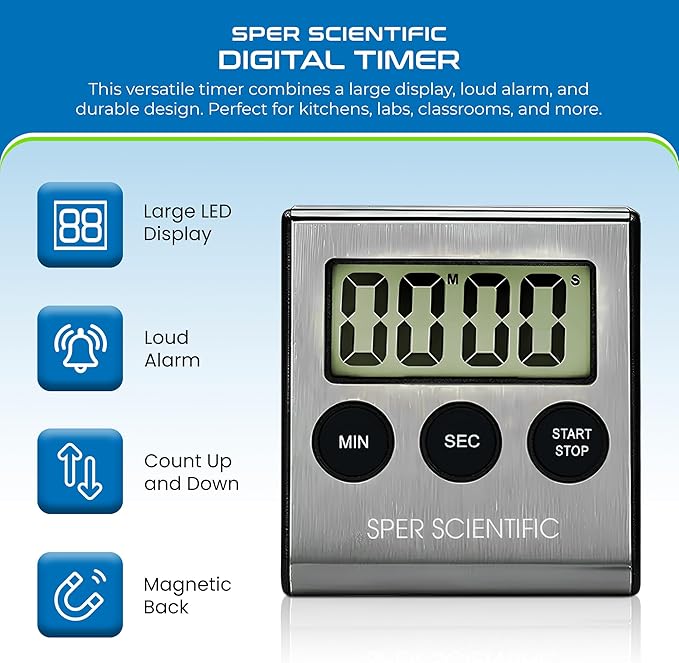 Sper Scientific Stainless Steel Digital Lab + Kitchen Timer 810028A – Compact Design Timer with Large Display & Loud Alarm - for Cooking, Baking, Labs, Workouts & More - 4 pc