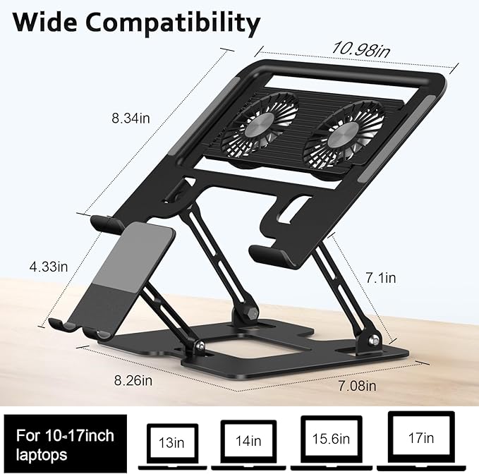 Laptop Stand with Fan,Laptop Cooling Stand with 2 Detachable Quiet Fans & Phone Holder, Adjustable Height & Angle,Laptop Cooling Pad for 10-18" Laptops, MacBook Pro,Gaming Laptops, Tablets