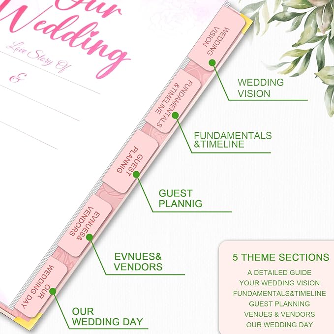 Wedding Planner For Bride-Bridal Wedding Planning binder With 5 Tabbed Sections+Wedding Countdown Calendar,Unique Engagement Gifts For Couples,White Rose