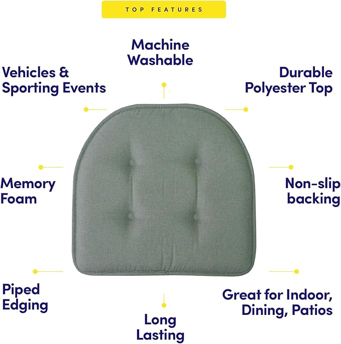 Sweet Home Collection Chair Cushion Memory Foam Pads Tufted Slip Non Skid Rubber Back U-Shaped 17" x 16" Seat Cover, 6 Pack, Scuba Green