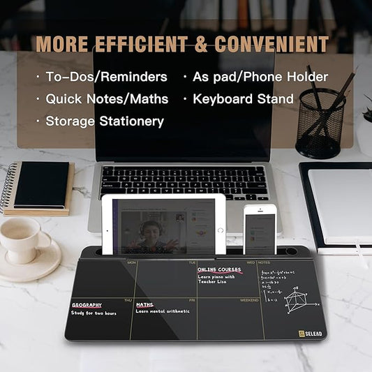SELEAD Desktop Glass Whiteboard Weekly Planner Calendar with Organizer, Markers, Eraser, Holder - Small Dry Erase White Board TODO List Memo for Home, School, Office Desk Accessories - Black