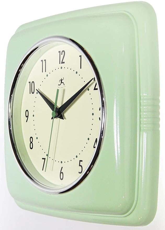 Infinity Instruments Retro Wall Clock – 9-Inch Square Silent Non-Ticking Mid-Century Modern Clock – Vintage Decorative Wall Clock for Kitchen, Office, or Diner – Meadow Mist