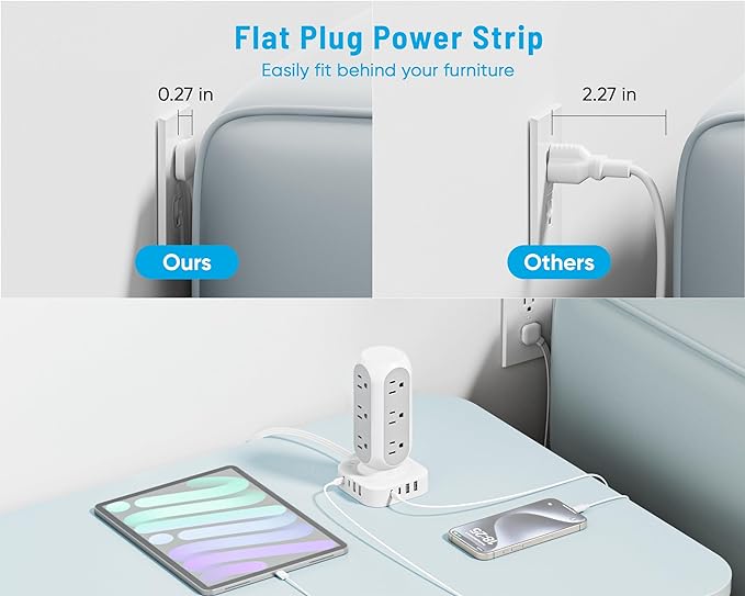 Flat Plug Power Strip Tower 10FT, 40W Total Fast Charging Station, Dual PD 20W USB-C Surge Protector with 12 AC Outlets and 8 USB Ports (4 USB C), Long Extension Cord for Home Office Dorm Room