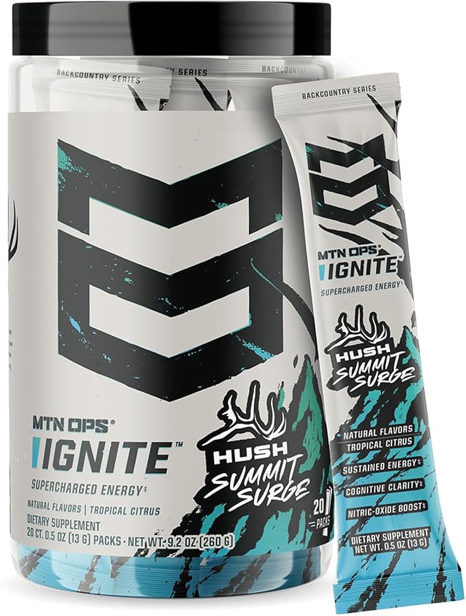 MTN OPS Ignite Trail Packs Energy Drink Powder, Gluten Free Nootropic Supplement Drink Mix, L Arginine, L Citrulline, Caffeine & Nootropic Sugar Free Drink Mix, 20 Servings, Hush Summit Surge