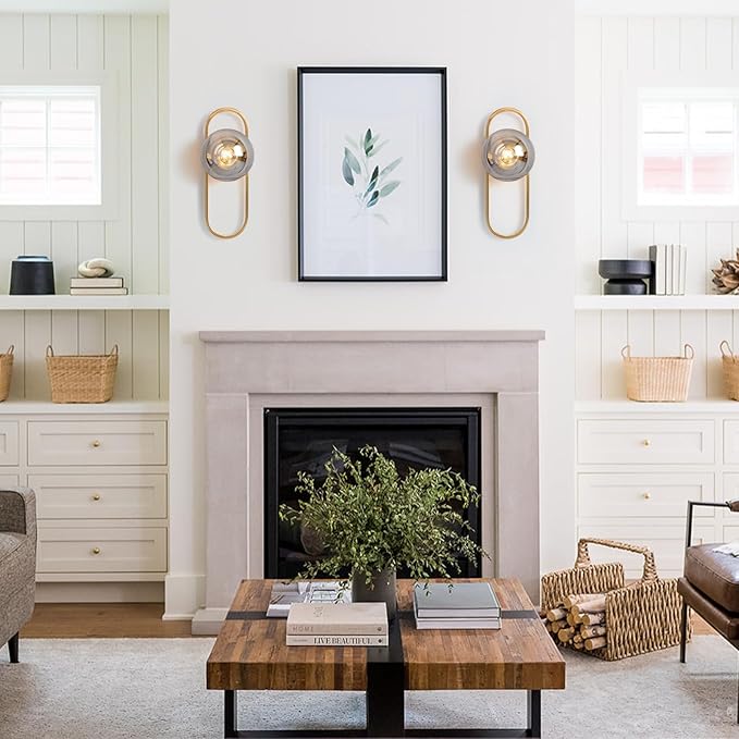 Wall Sconces Set of Two Gold Wall Lamp Sconces Wall Lighting with Grey Globe Glass Shade Wall Lights Sconces Wall Decor Set of 2 Wall Lights for Living Room Wall Lamps for Bedrooms Set of 2