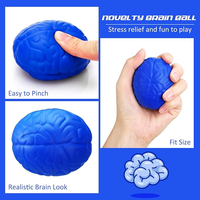 Jenaai 30 Pcs Brain Stress Ball Halloween Squeeze Toy 2.76 Inch PU Hand Muscle Exercise Pressure Ball Funny Stress Relief Toy for Teens Adults Improving Grip Strength Release Pressure(Blue)