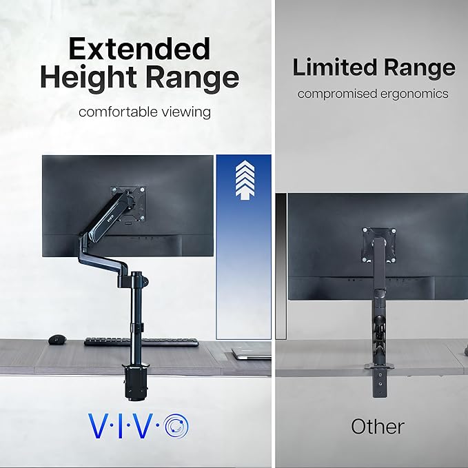 VIVO Single Monitor Arm Mount for 17 to 32 inch Screens - Pneumatic Height Adjustment, Full Articulating Tilt, Swivel, Heavy Duty VESA Stand with Desk C-clamp and Grommet Option STAND-V001K