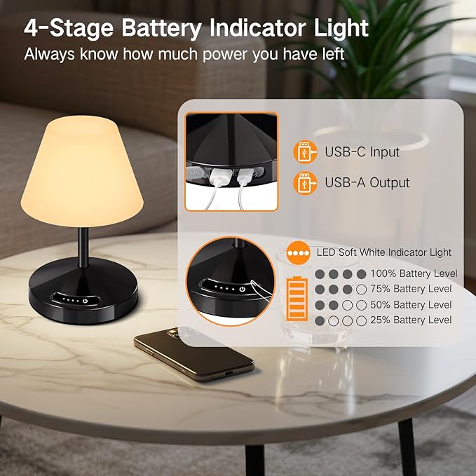 OUTON Rechargeable LED Shower & Table Lamp, Waterproof, USB Output, Stepless Dimming, 3 Colors, Power Indicator, Memory Function, Battery Operated Light for Home, Bathroom, Patio & Outdoor (Black)