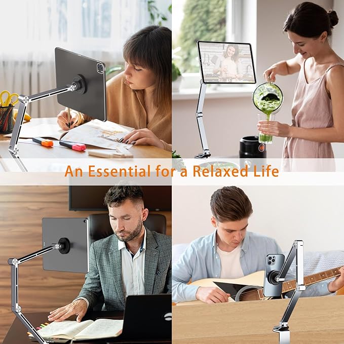 Magnetic Tablet Stand for Desk Aluminum Alloy Phone iPad Desk Holder Overhead Arm Mount with 360°Rotate Base for Magsafe/iPhone/Android/iPad (Magnetic Silver)