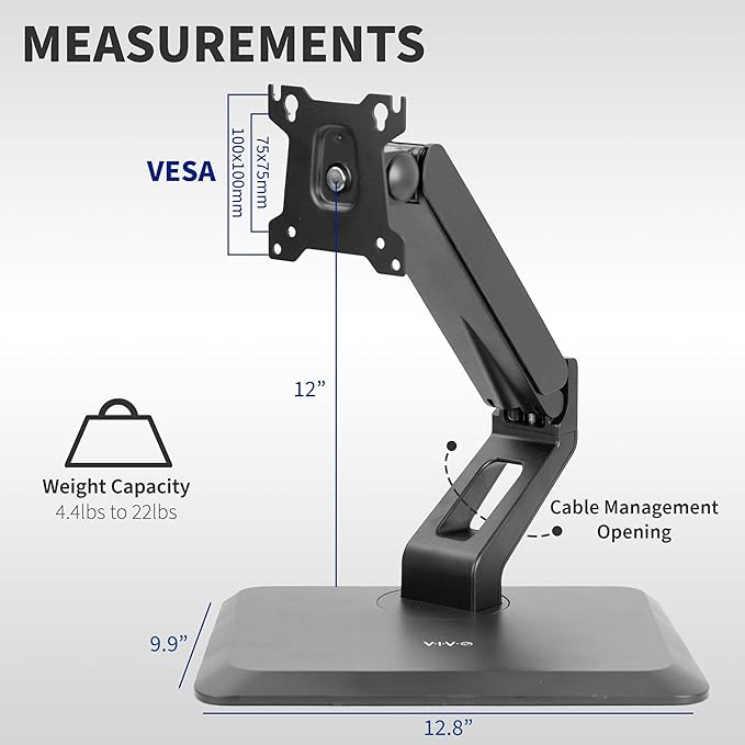 VIVO Premium Single 17 to 32 inch VESA Monitor and Touch Screen Desk Stand with Rotating Base, Freestanding Pneumatic Height Adjustable Arm, 12 inch Maximum Screen Height, Black, STAND-V001R