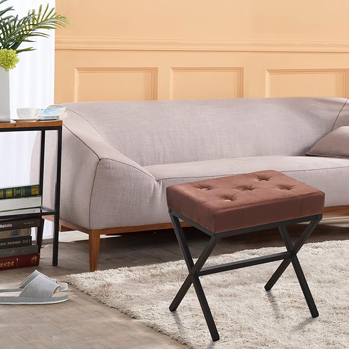 Wimarsbon Ottoman Foot Stool Tufted Vanity Stool Ottomans Thickened Cushion Footstool Mulifunctional Shoe Changing Seat Step Stools with Metal X Leg for Living Room Bedroom Velvet Coffee