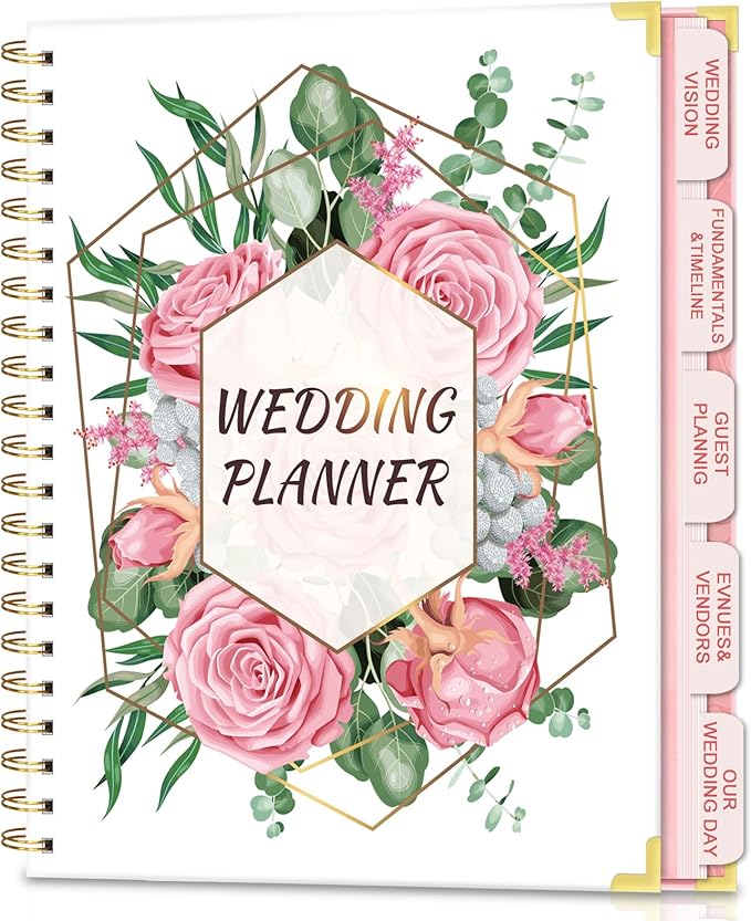 Wedding Planner For Bride-Bridal Wedding Planning binder With 5 Tabbed Sections+Wedding Countdown Calendar,Unique Engagement Gifts For Couples,White Rose