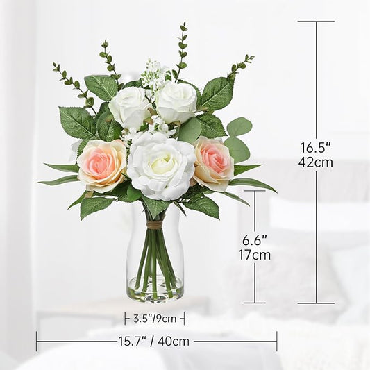 Hollyone Faux Flowers in Vase Artificial Silk Rose Flowers with Faux Eucalyptus Plants Arrangement with Vase Rose Flowers Bouquets Table Centerpieces Decorations Living Room Office Bathroom Home Decor