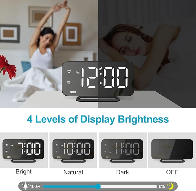 Slim LED Digital Alarm Clock, Mirror Surface for Makeup, with Diming, Large Display, Easy Setting, USB Ports, Modern Decor for Bedroom, Desk, Idea for Women, Sister, College Girl, Black