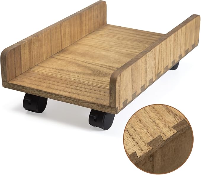 KIRIGEN Computer Tower Stand Cart - Heavy Duty Desktop Mobile Cart Holder for Computer Host with 4 Mute Caster Wheels - Wood Rolling ATX PC Case Rack, CPU Case Protecting Shelf (ZJJ Dark Brown)