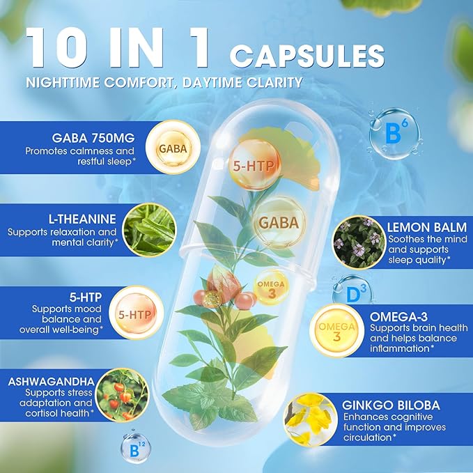 GABA Supplements 750mg with L Theanine, 5HTP, Ashwagandha, Lemon Balm, Ginkgo Biloba, Omega-3, 10 in 1 GABA Calm Capsules for Sleep, Relaxation, Focus, Mood Support, Cortisol Balance - 120CT
