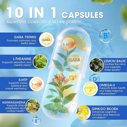 GABA Supplements 750mg with L Theanine, 5HTP, Ashwagandha, Lemon Balm, Ginkgo Biloba, Omega-3, 10 in 1 GABA Calm Capsules for Sleep, Relaxation, Focus, Mood Support, Cortisol Balance - 120CT
