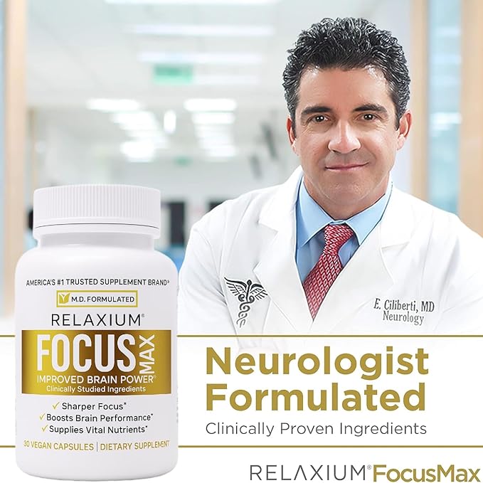 Relaxium FocusMax, Brain & Focus Health Supplement, Mental Clarity Support, Proven Concentration, Focus, Memory, & Nootropics Booster, USA-Manufactured, 30 Vegan Capsules