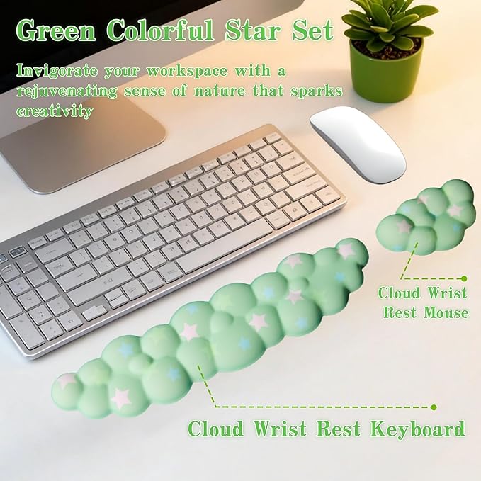 Cloud Wrist Rest Set for Keyboard and Mouse, Includes Cute Coaster, with Computers and Laptops (Green Colorful Star Set)