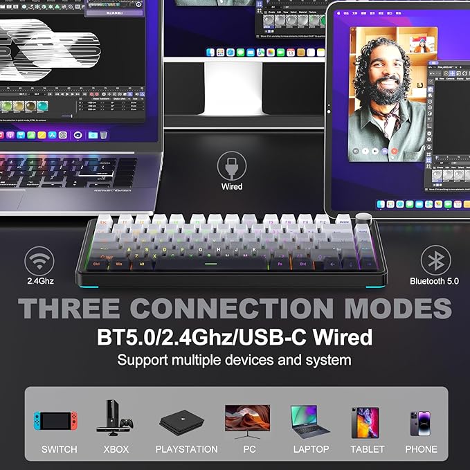 CHICHEN M75 Wireless Mechanical Gaming Keyboard, 75% Layout, Hot-Swappable, RGB Backlit, PBT Keycaps,tri-Mode Connection with Bluetooth 5.0, 2.4GHz Wireless, and USB-C, White & Black