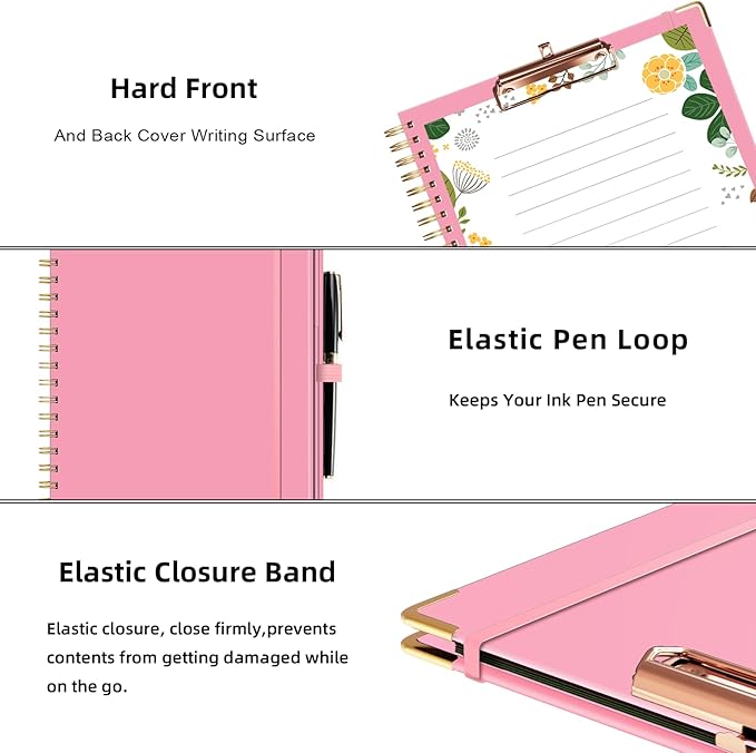 Ospelelf Clipboard with Storage 8.5 X 11，Padfolio Organizer, Spiral Portfolio Letter Size with Notepad, Pen Holder, 5 Extra Folder Divider Pages, Elastic Closure Nurse Office Essentials (Pink)
