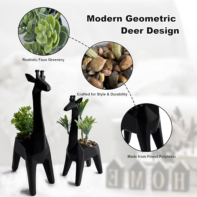 2PCS Cute Artificial Mini Succulent Plants with Creative Giraffe Shaped Pots, Desk Plant for Office Decor for Women,Small Fake Plants for Shelf Desk,Bathroom,Tabletop Decor (Black)