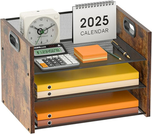 3 Tier Wood Paper Organizer for Desk, Metal Office Organizer and Accessories with Handle, Mesh File Holder for Desk, File Cabinets for Home Office, School