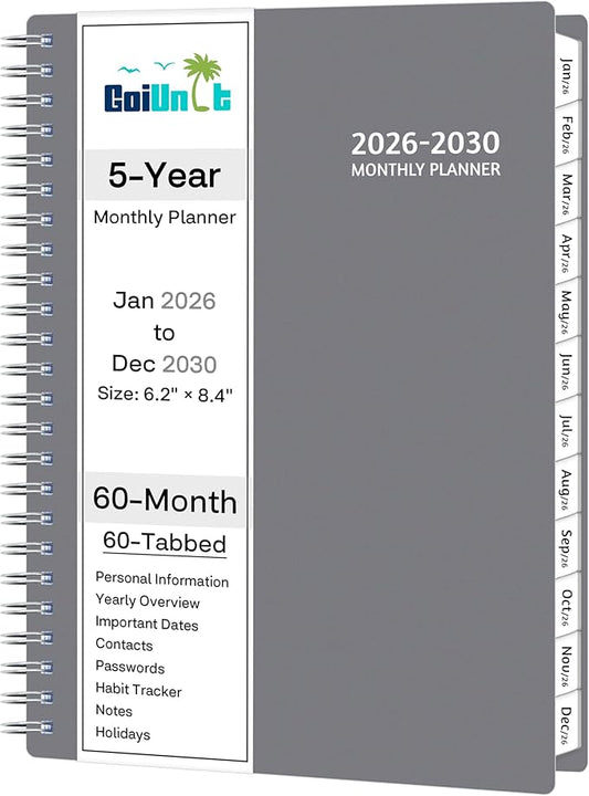 Monthly Planner 2026-2030, 5-Year Calendar Planner 2026-2030, Jan 2026 – Dec 2030, 6.2 x 8.4 In, Ruled Spread, Flexible Cover, Spiral Wirebound, Pocket, 60 Coated Monthly Tabs, Notes ＆ Habit Tracker