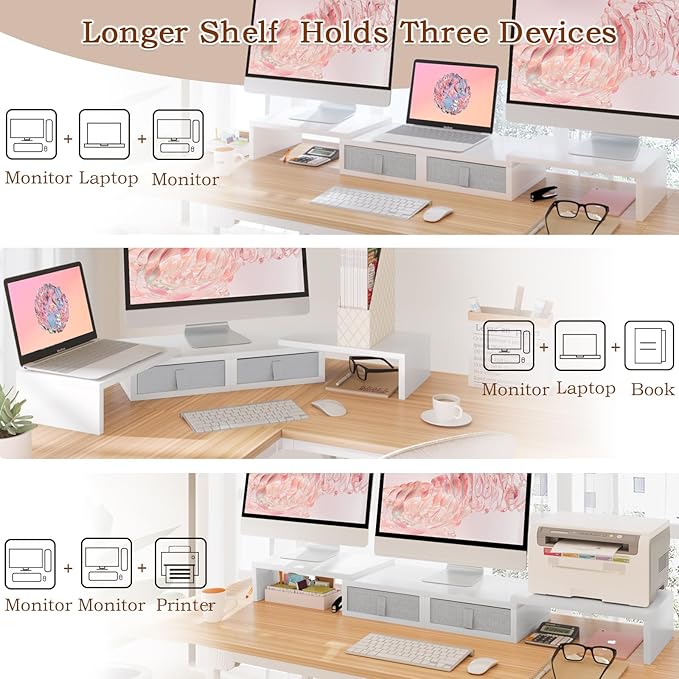 TEAMIX Dual Monitor Stand Riser - Length and Angle Adjustable White Monitor Stand with 2 Drawers to Storage Large Computer Riser for 2 Monitors/Laptop/PC, Wood Screen/TV Stand Desk Organizer (White)