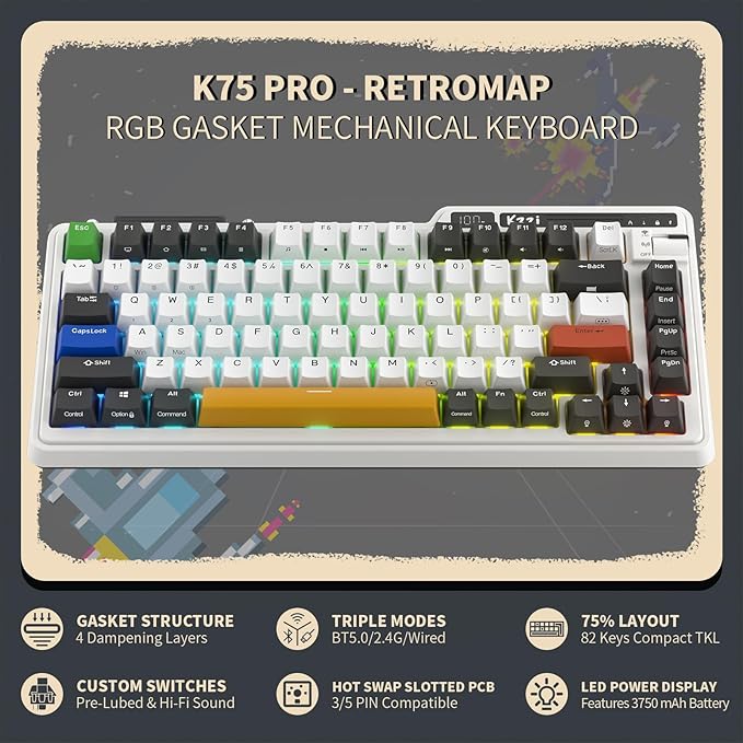 K75 PRO RGB 75% Wireless Gasket Mechanical Keyboard, Triple Mode BT5.0/2.4G/USB-C 82 Keys Hot Swappable Gaming Keyboard w/Knob & Power Display, Custom Tactile Switches, Black White