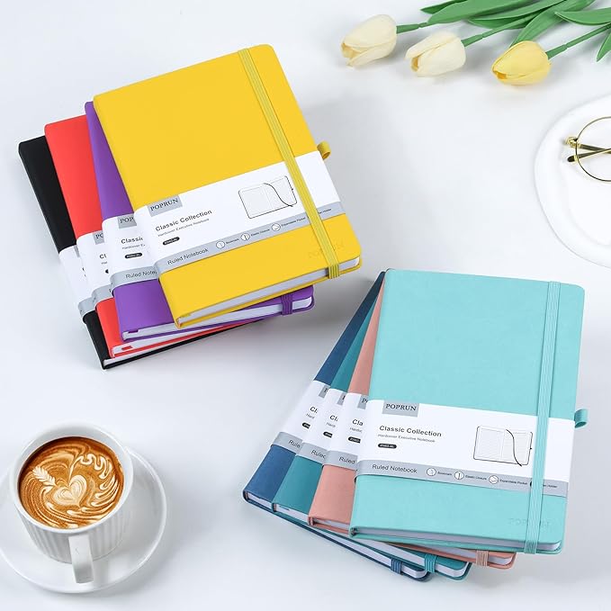 POPRUN A5 Lined Journal Notebooks, Leather Hardcover Thick Notebook for Writing, Business Work, Travel, School, College, Christmas, 5.5 x 8.3 inch, 240 Pages Classic Ruled Journals Notepad, Black