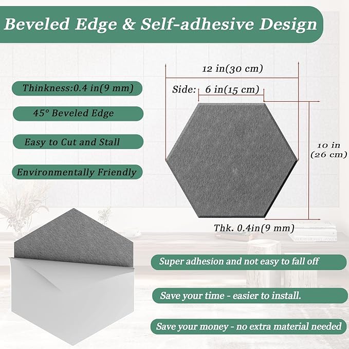Hexagonal Acoustic Panels-12 Pack High-Density Sound Absorbing Panels 12"X10"X0.4" for Enhanced Noise Reduction, DIY Design, Idea for Studios, Offices, and Home Theaters(Moonlight Gray)