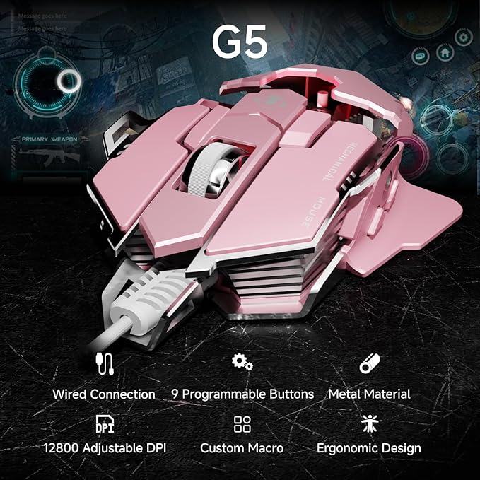 EWEADN G5 Wired Gaming Mouse, Ergonomic RGB Computer Mouse, 12800 Adjustable DPI, 9 Programmable Macro Buttons with Rapid Fire Key Compatible for PC/Laptop/Windows-Pink