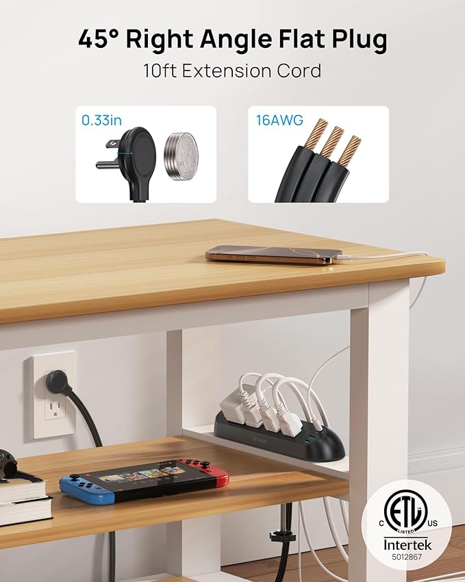 TROND Desk Clamp Power Strip USB C PD 20W - Flat Plug 10ft Extension Cord, Surge Protector with 4 AC Outlets 4 USB Ports, 1700J, ETL Listed, Fits 1.97 inch Tabletop Edge, for Home Office, Black