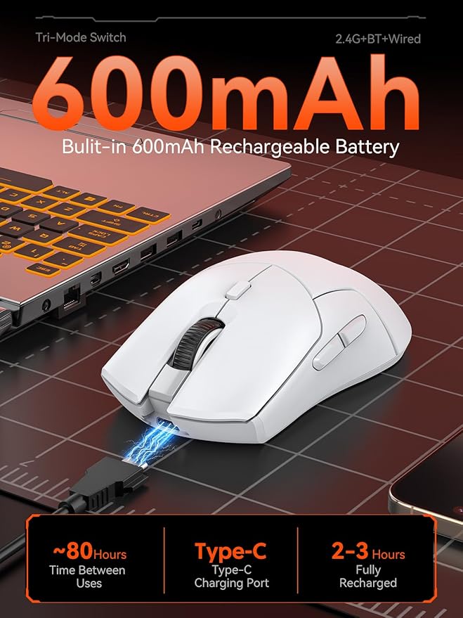 White Wireless Gaming Mouse, Tri Mode (2.4G/Bluetooth/Wired), PAW3311 Sensor, 12,000 DPI, 1,000Hz, 6 Programmable Buttons, USB C Rechargeable, Ergonomic Gamers Optical Mice for PC/Laptop/Mac