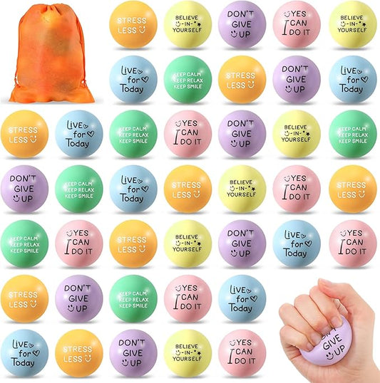 Wettarn 60 Pcs Motivational Stress Balls for Adults with Drawstring Bag 1.97" Inspirational Encouraging Anxiety Stress Relief Foam Ball with Quote Hand Exercise Squeeze Accessory(Pastel Colors)