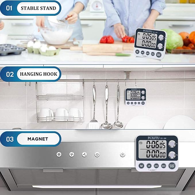 Digital Dual Kitchen Timer with Magnetic Back & Memory Presets, 2 Groups Countdown/Up Stopwatch Timer, 3-Level Volume + LED Alert, On/Off, 100Hr Max for Cooking, Baking (Battery Included)