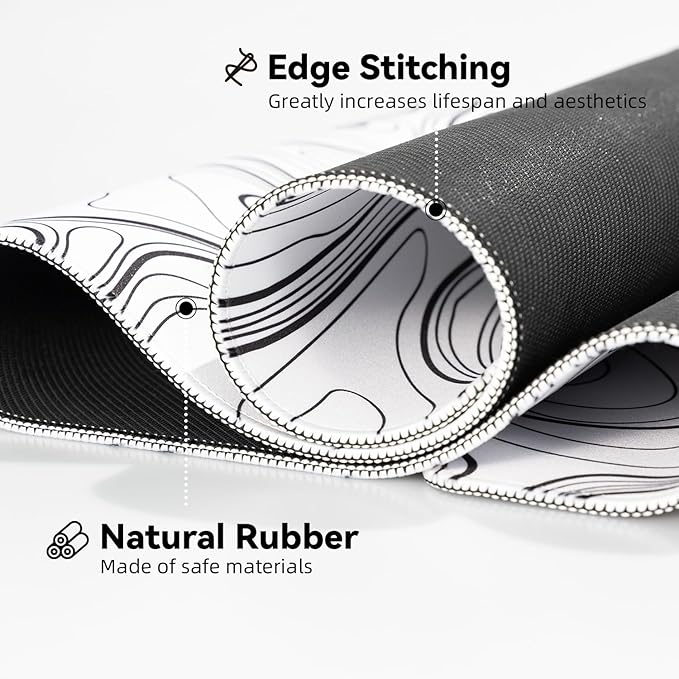 Waterproof Large Gaming Mouse Pad with Durable Stitched Edges, Non-Slip Rubber Base, Smooth Surface Mouse Mat Desk Pad for Home Office Gaming, 31.5"x11.8"x0.12", White Topographic Map