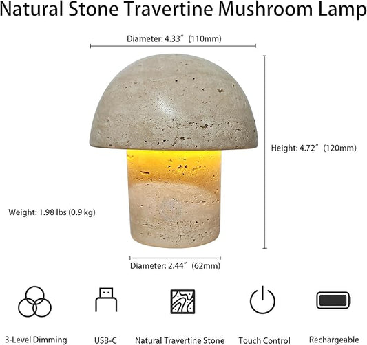 Natural Stone Mushroom Lamp - Handcrafted Travertine Night Light, Rechargeable with Type-C, Dimmable LED Accent Light for Bedroom & Living Room