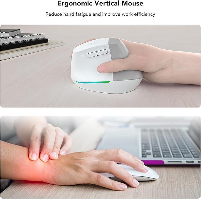 Wireless Ergonomic Mouse, Vertical Mouse, Bluetooth Ergo Mouse, Quiet Click, 5 Level Adjustable DPI(800/1200/2400/2400/4000), Rechargeable 2.4G Mice with 6 Buttons for Computer, PC, Mac, Laptop, White