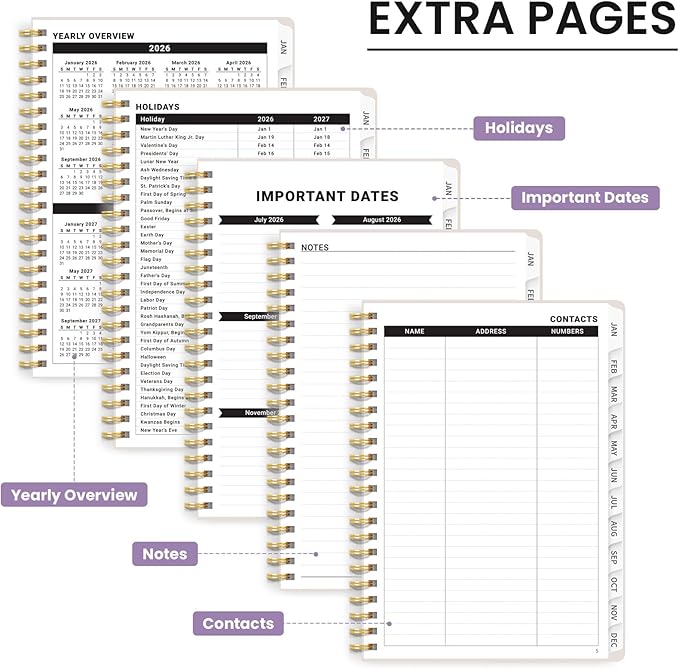 2026 Planner, Monthly and Weekly Calendar Planner for Women, January 2026 - December 2026, Hardcover Pretty 2026 Agenda Planner Book with Tabs, Spiral Bound, Perfect for School Office Home Supplies, 6.3" x 8.5" - Color Column