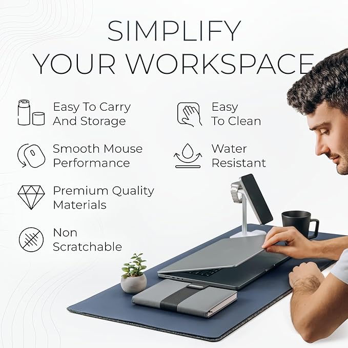 Nordik Felt and Leather Desk Mat Non-Slip - Blue - 35 X 17 Inch - Felt and Vegan Leather Desk Pad - Document Organizers - Desk Blotter and Desktop Mat - Desk Protector Laptop Desk Matt for Desktop