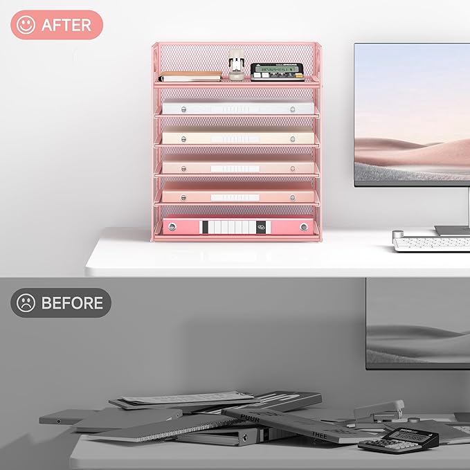 6 Tray Paper Organizer Letter Tray with Handle - Mesh Desk File Organizer, Paper Sorter Organizer for Office, Home or School File Folder Holder - Pink