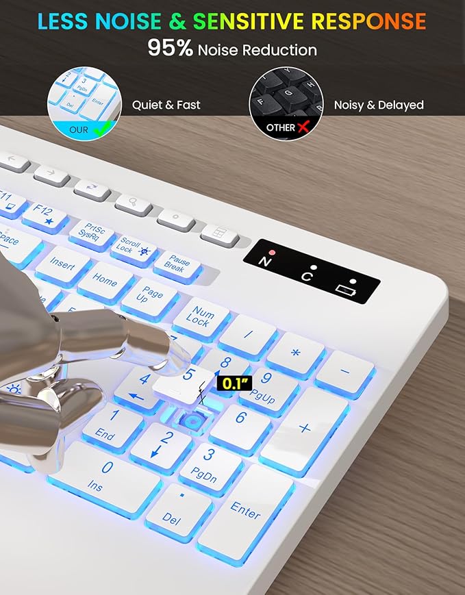 Wireless Keyboard with 7 Colored Backlit, Wrist Rest, Phone Holder, Rechargeable Ergonomic Computer Keyboard with Silent Keys, Full Size Lighted Keyboard for Windows, MacBook, PC, Laptop (White)